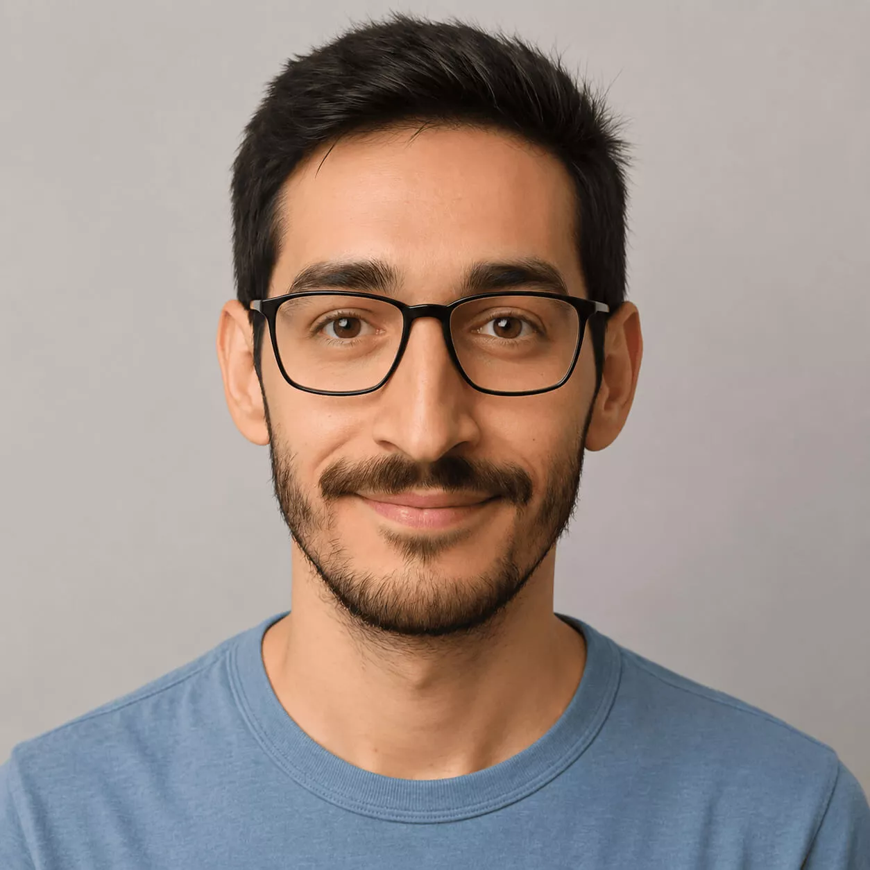 Professional headshot of a young man with short, slightly spiked hair, wearing black rectangular eyeglasses and a muted blue-gray t-shirt, smiling warmly against a neutral light-gray background.